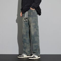美式格子条纹牛仔裤男士2025春秋新款潮牌宽松直筒休闲牛仔男裤子