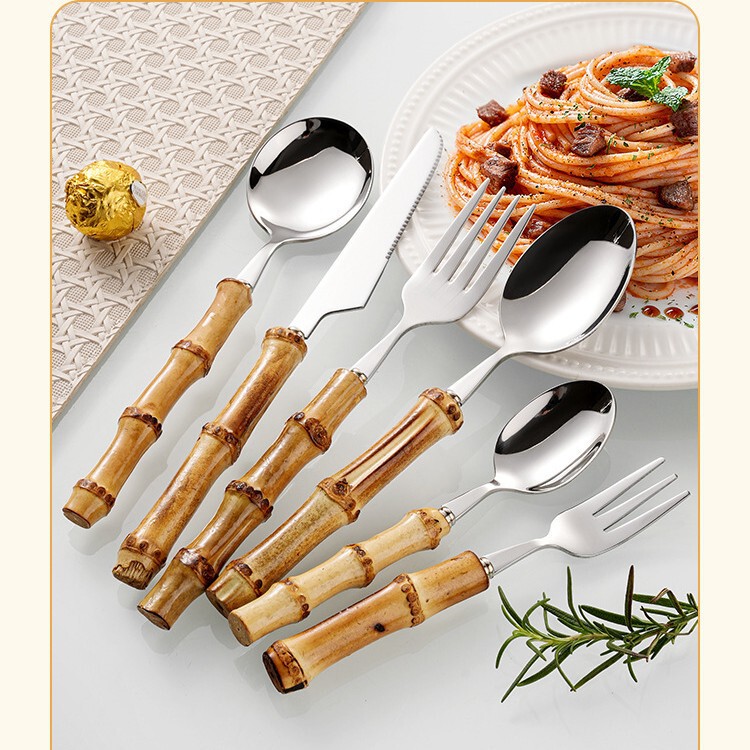 304 stainless steel spoon and fork with natural bamboo handle, western-style steak knife, fork, spoon, dessert spoon set, soup spoon, and table knife