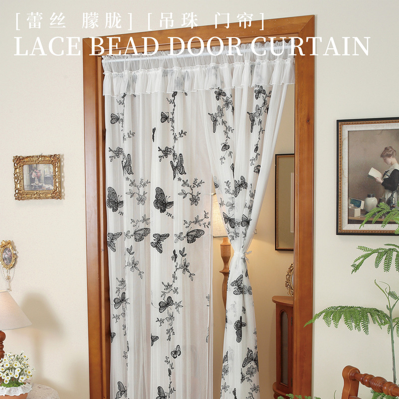 Black Embroidered Door Curtain with Gray Hanging Bead Lace Black Embroidered Door Curtain with Gray Hanging Bead Lace