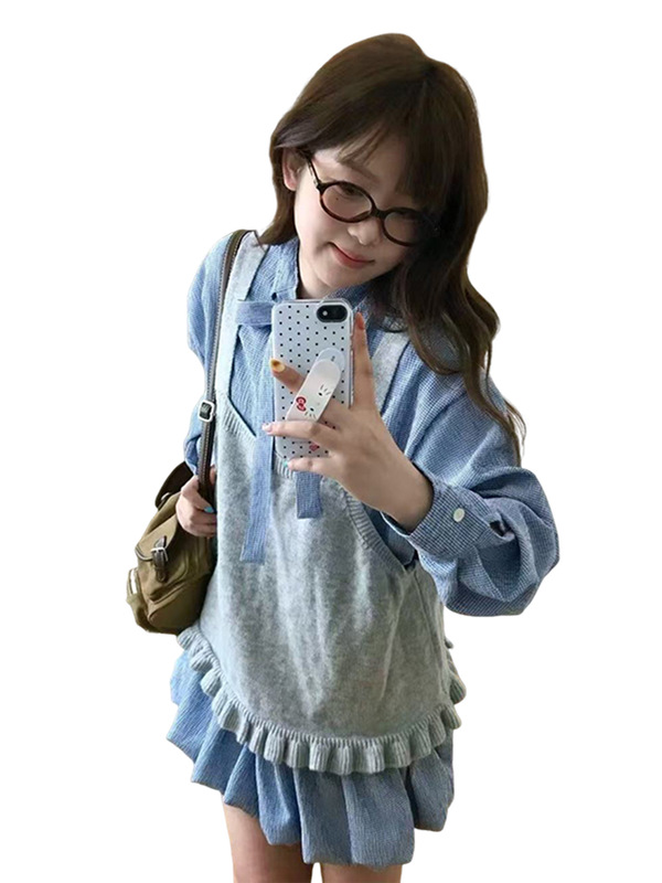 韩系蝴蝶结系带衬衫连衣裙子女2025新款巨好看早秋一整套装花苞裙|undefined