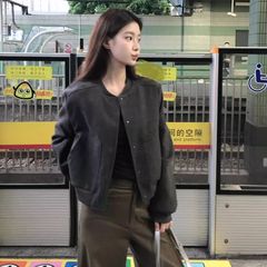 美式复古灰色短款棒球服外套女早秋款设计感小众宽松休闲夹克上衣