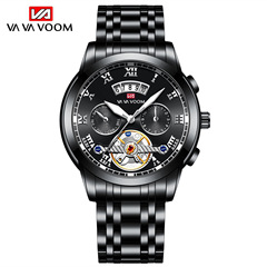 Cross-border foreign trade stainless steel tourbillon multi-function watch for men, fashionable luminous waterproof watch for men, steel watch