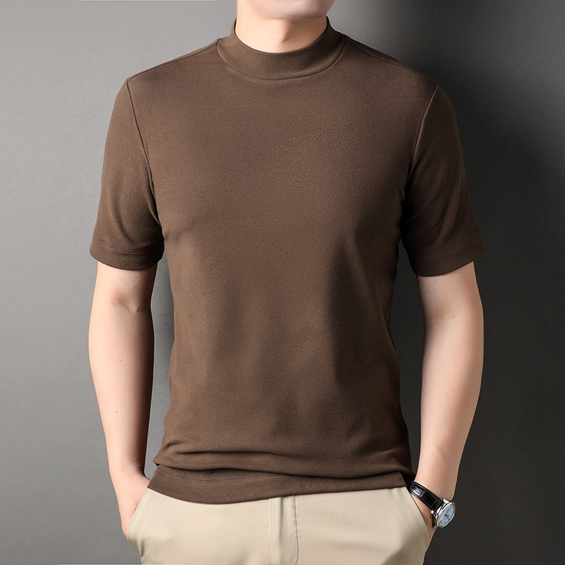 하프 하이 칼라 벨벳 반팔 티셔츠 남성용 트렌디 2023 봄과 가을 새로운 반팔 중년 캐주얼 솔리드 컬러 남성용 베이스 셔츠