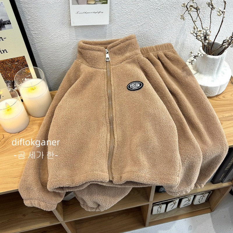 新型子供秋冬立襟両面パイルセーターセット男女児童ソフトモチモチジャケットズボン2点セット潮|undefined
