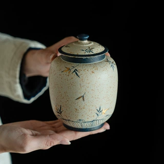 青花火石红茶叶罐密封罐家用描金纯手绘竹影陶瓷储物罐大容量