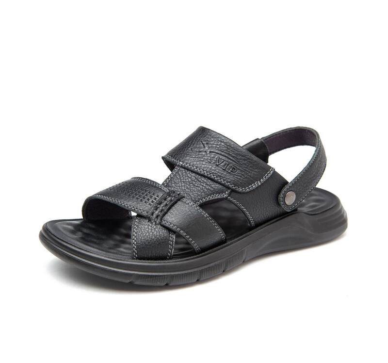 Dép sandal nam da bò hở ngón gót bằng 2,5 cm thoáng khí chống trượt — Kaki, Màu đen