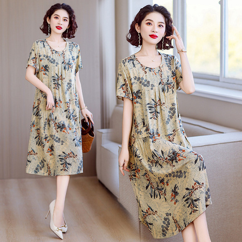 Extra Large Code 300 Pounds Middle-Aged Women's Cotton Silk Dress Medium Long Size Plus Size 200 Pounds Fat Mom Dress