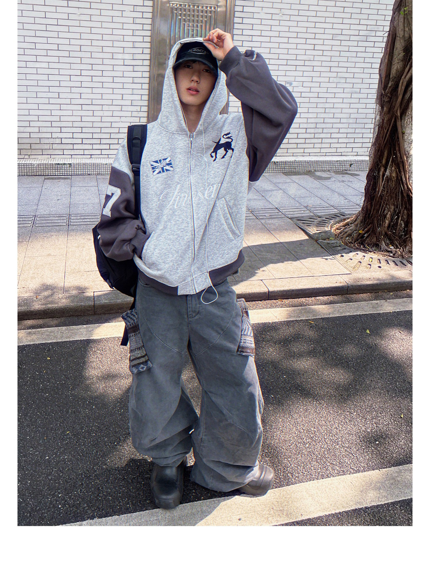 Men's Clothing Unisex Street Style Hooded Cardigan Raglan Sleeve Patchwork Embroidered Loose Casual Top Trendy Versatile Jacket Sweatshirt_viptrois.com