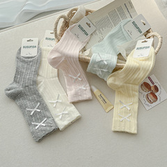蝴蝶結襪子女春夏款吸汗中筒襪可愛甜美堆堆襪無骨芭蕾風襪子薄款