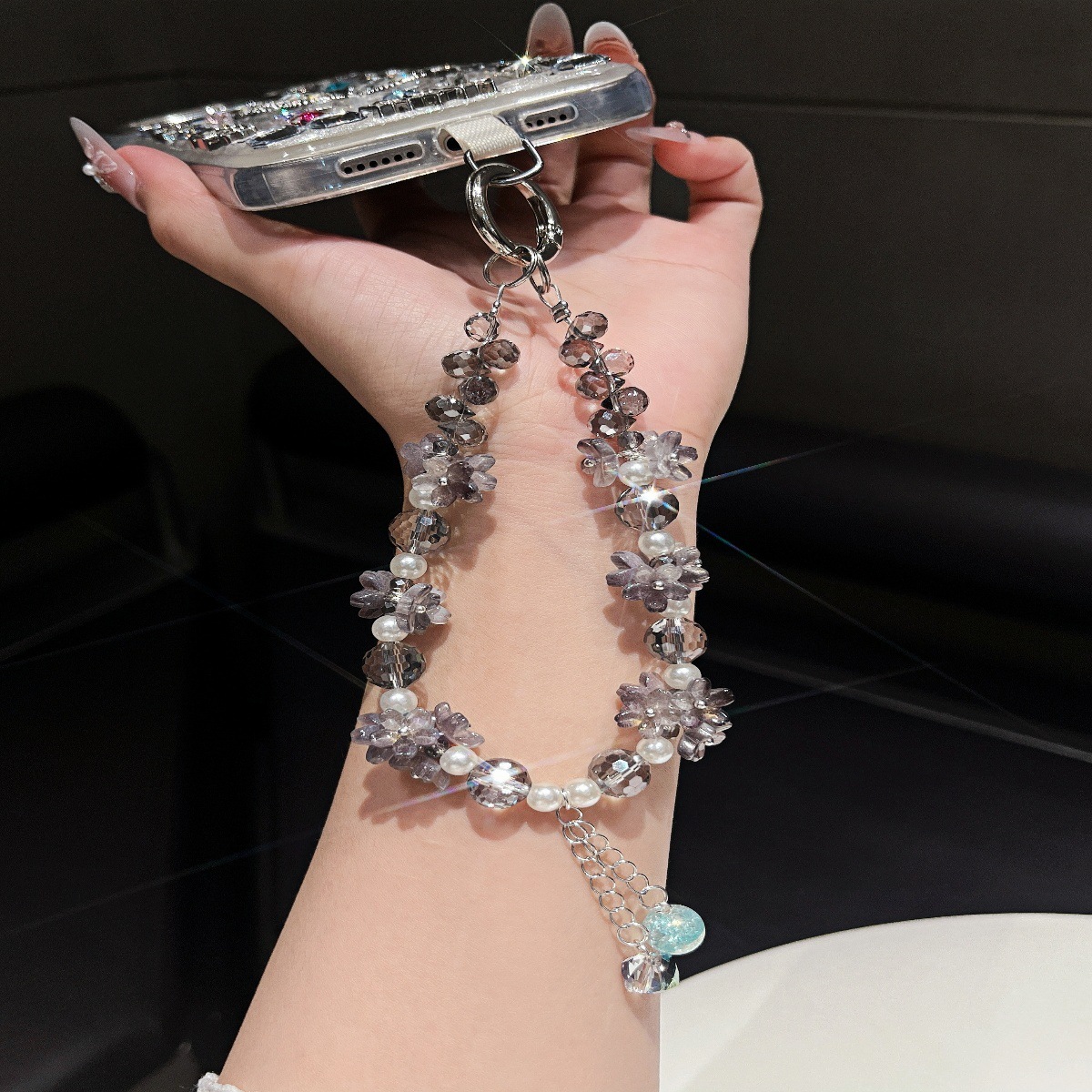 Cadena de teléfono móvil de cristal al por mayor, cadena colgante de carcasa de teléfono móvil de nicho, nueva gota de agua tridimensional, borla de copo de nieve, cordón de cuentas, hada