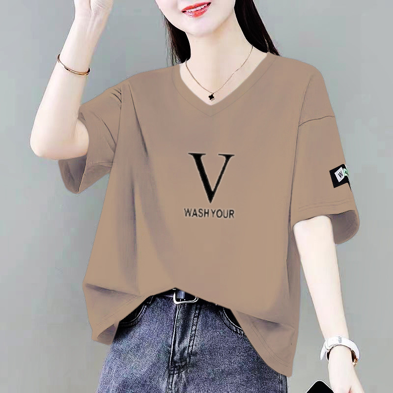 Big Brand Cut Label Pure Cotton Short-Sleeved Women's Printed Sweetheart Collar V Neck T-Shirt Sweatshirt High-End Outer Wear Elegant Covering Flesh Loose