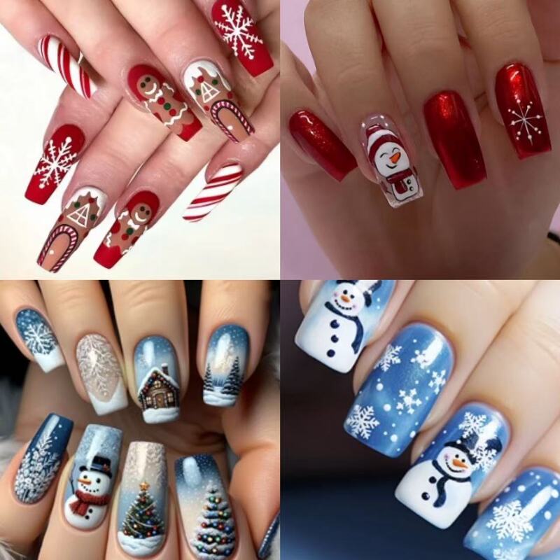 Foreign Trade Best-Selling Christmas Nail Art Collection, Sweet and Cute Little Snowman, Snowflake, Christmas Tree Wearable Nails Wholesale