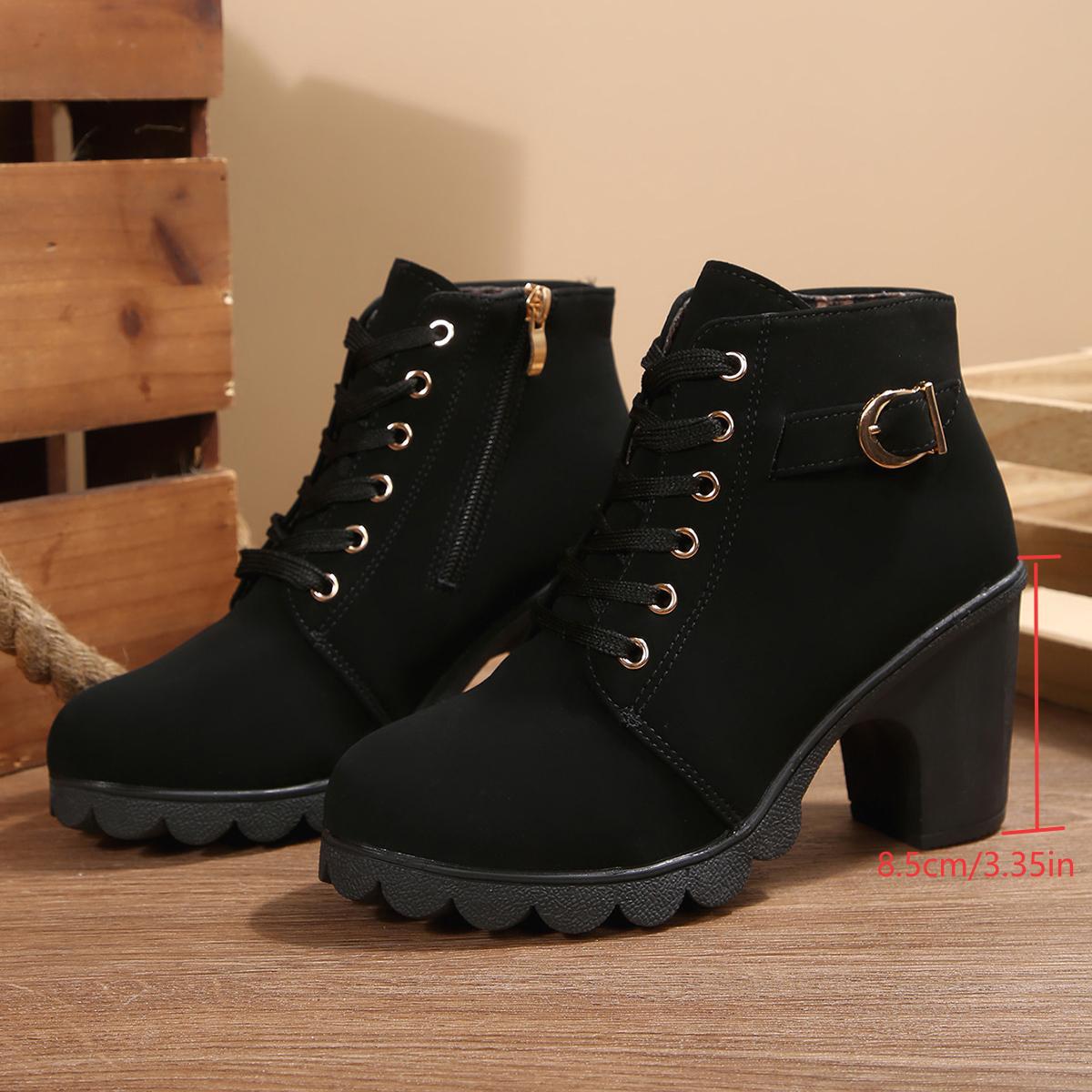 ShoeVault Women's Leather Low-Cut Chunky Round Toe High Heel Lace-Up Brown Ankle Boots Spring Autumn Plus Size Height Increasing_vogvips.com