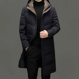 品牌男士防寒羽绒服长款2025冬季休闲保暖白鸭绒中年爸爸连帽外套