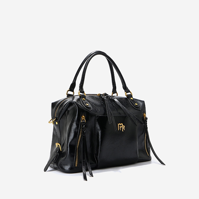 Genuine Leather Boston Bag Motorcycle Style Cowhide Bowling Bag Women's Large Capacity Tote Commuter Handbag Pillow Bag - Thumbnail 2