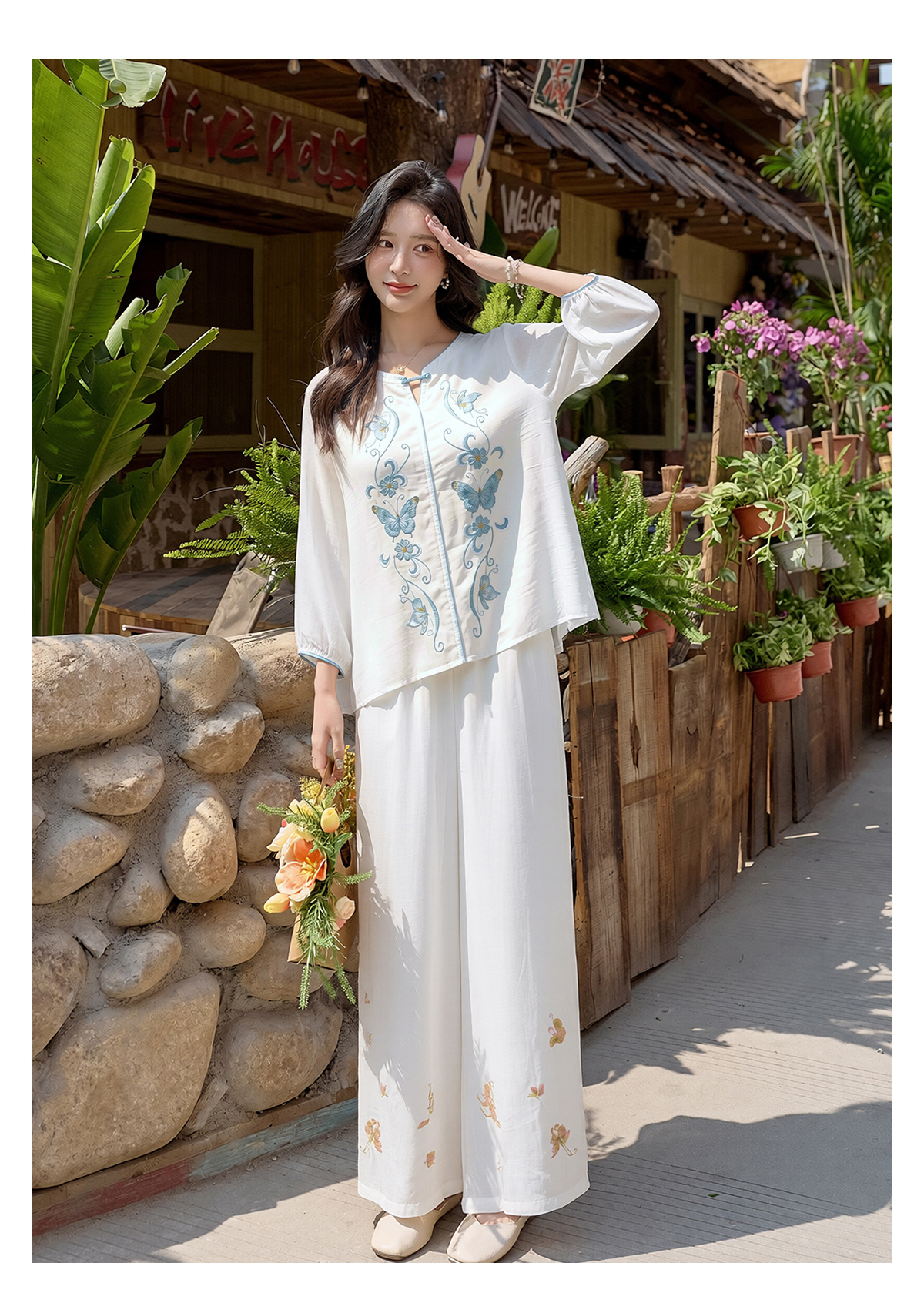 Bộ quần áo hai mảnh nữ chất liệu ramie thêu hoa, áo sơ mi phối quần ống rộng — Màu hồng, màu trắng chi tiết 22