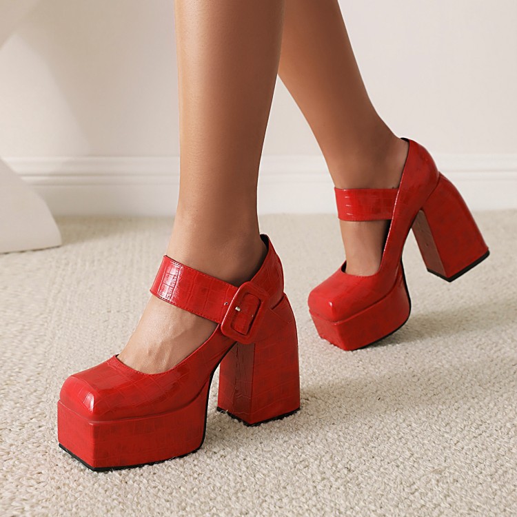 Square head thick with waterproof platform buckle high heels large size women's shoes stone pattern_voghion.com