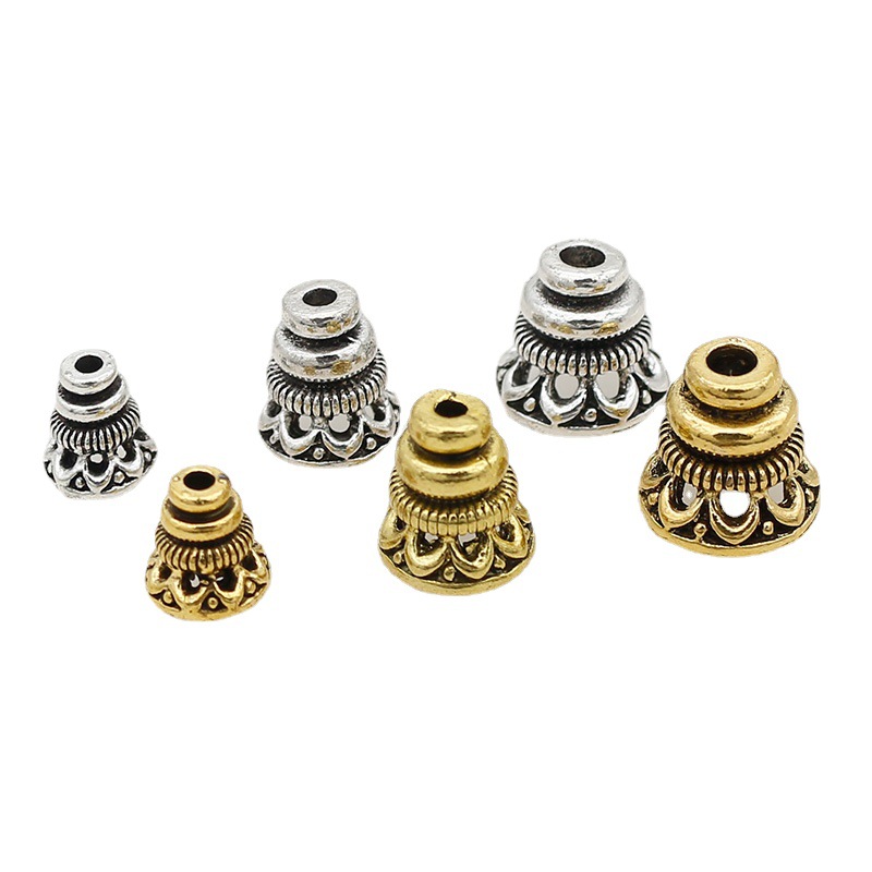 Retro hueco de tres vías cabeza de torre de pagoda 8/10/12mm plata tibetana tapa de cuentas sombrero de flecos accesorios de joyería de bricolaje