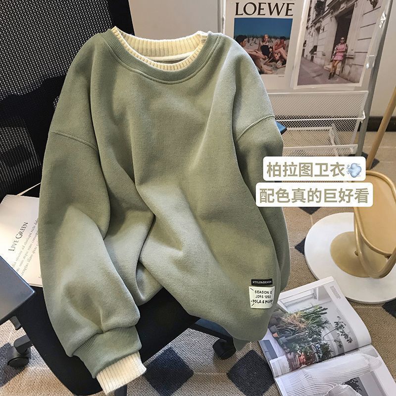 American Style Fake Two-Piece Round Neck Sweatshirt for Women 2025 Autumn and Winter New Style Simple and Versatile Casual Loose Pullover Top Trendy