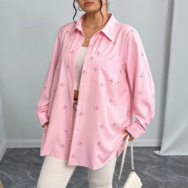 Aliexpress Cross-Border New Large Size Women's Shirt Jacket Bow Print Long-Sleeved Casual Shirt Autumn Loose