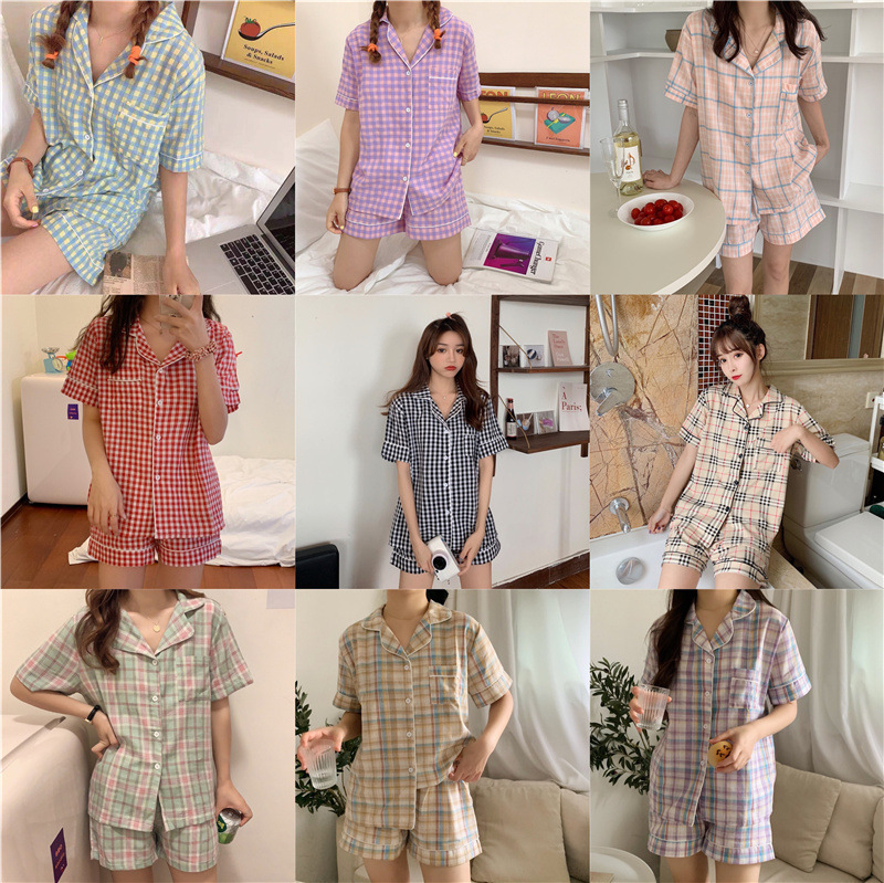 Summer short-sleeved pajamas women's plaid shirt Korean style loose shorts home wear WeChat online celebrity two-piece set outer wear
