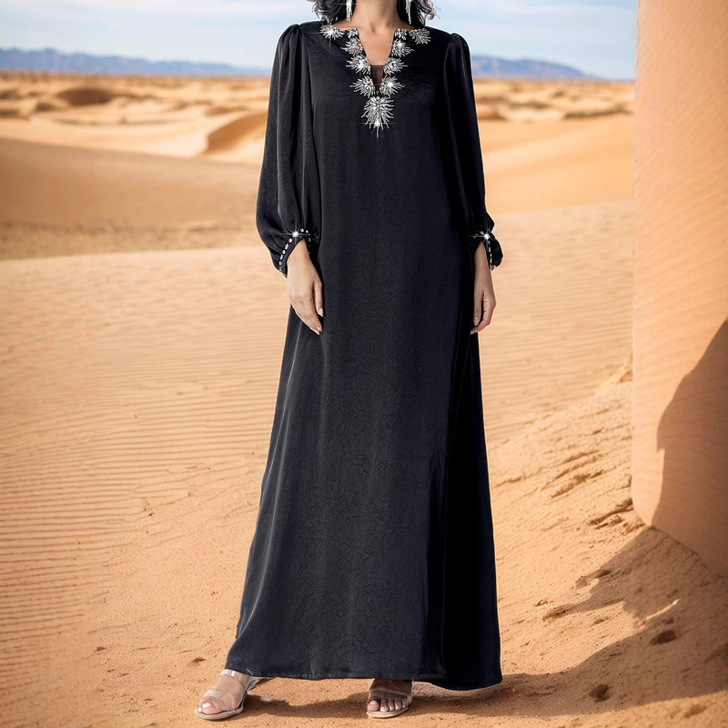 Ba5009 Foreign Trade Hand-Sewn Rhinestone Robe New Style Long Dress Elegant Long-Sleeve Dress Evening Gown