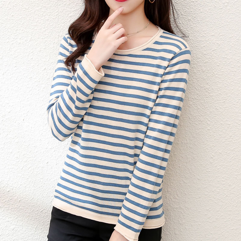 2026 Spring Collection Solid Color Cotton Women's Knitwear Round Neck Striped T-Shirt Women's Long-Sleeve Base Shirt Wholesale Export