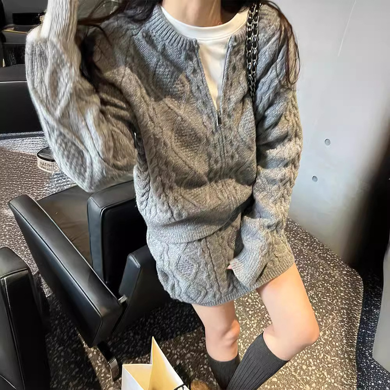 Autumn and Winter Urban Retro Casual Knitwear suit Women's Zipper Sweater Cardigan Jacket Half Skirt Two-piece Set Autumn and Winter Urban Retro Casual Knitwear suit Women's Zipper Sweater Cardigan Jacket Half Skirt Two-piece Set