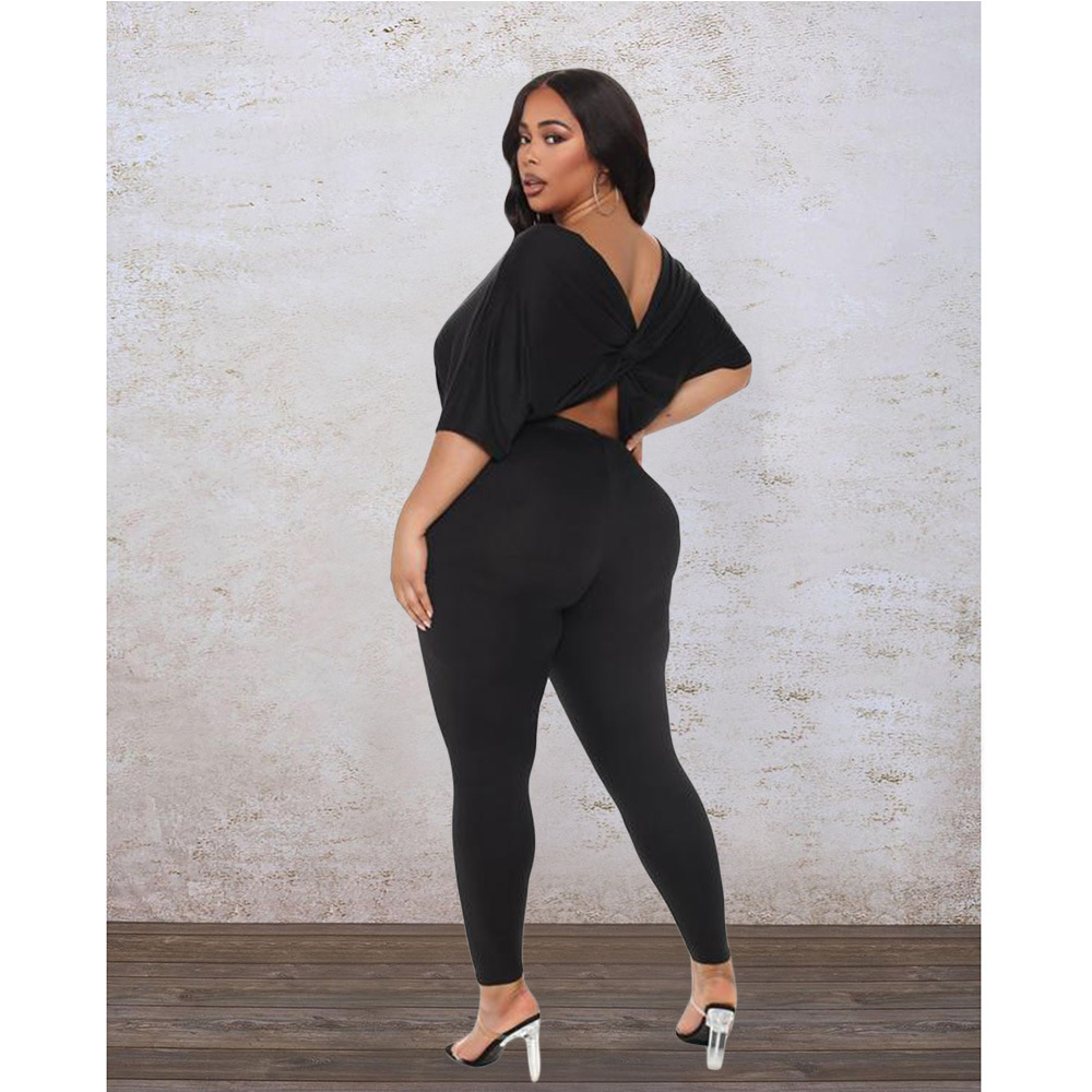 plus size loose casual back twisted backless solid color top pants two-piece set Nihaostyles wholesale clothing vendor NSCN76406