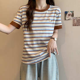 慵懒风撞色拼接条纹短袖t恤女夏装2025新款胖妹妹显瘦半袖上衣ins