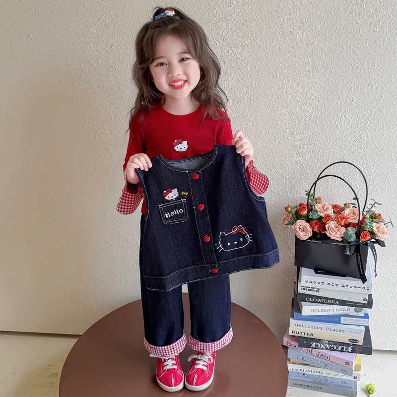 女童牛仔套装秋季2025新款洋气儿童马甲KT猫秋装卡通女宝宝三件套|undefined