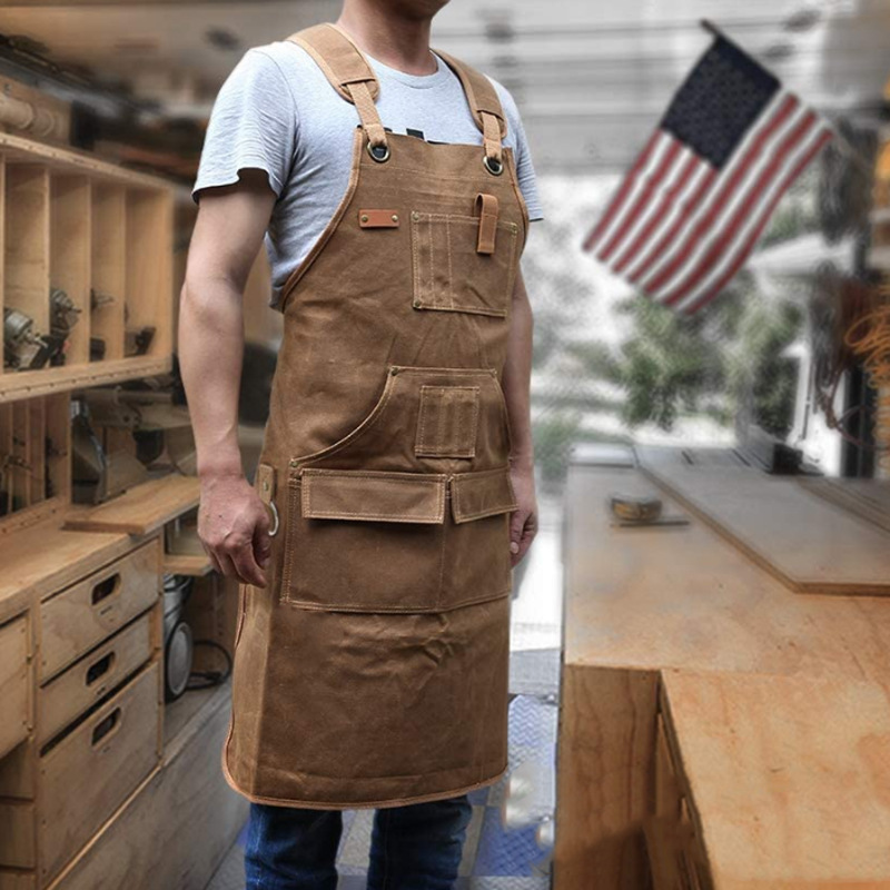 Oil Wax Dry Wax Tactical Thick Heavy Duty Waxed Canvas Work Apron with Tool Bag Cross Strap Barbecue