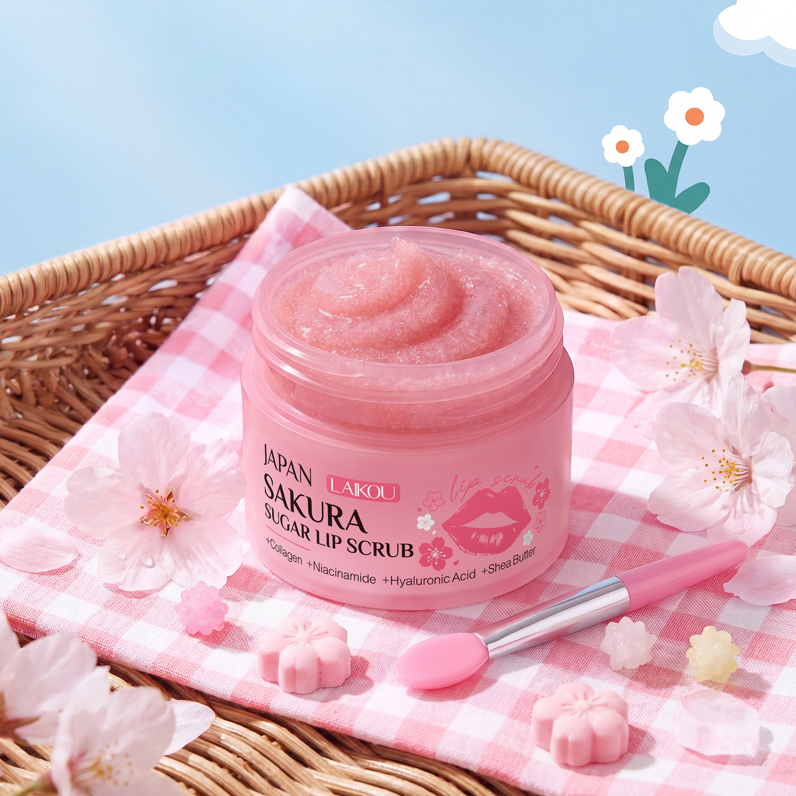 Cross-border Laikou Japanese Cherry Blossom Sugar Lip Scrub 18g, all-English packaging, export for foreign trade.