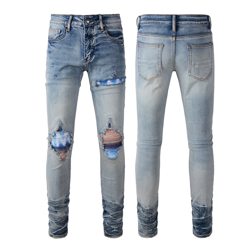 Herrenbekleidung im gleichen Stil, Katzenschnurrhaare, zerknitterte Farbe, Patchwork, Lederpatch, Loch, elastische Slim Fit-Röhrenjeans_voghion.com