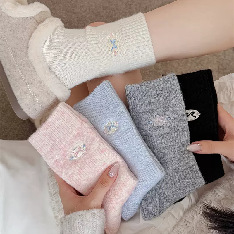 秋冬加绒软软糯糯秋冬加厚刺绣蝴蝶结羊毛袜子女韩系甜美堆堆袜