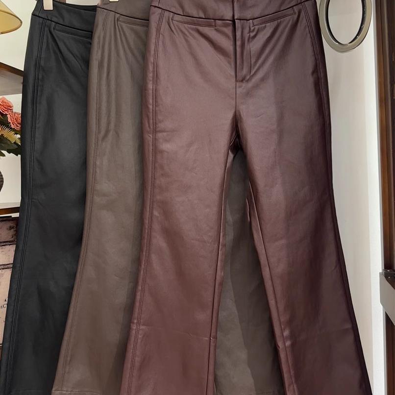 Shenzhen 2025 New Nanyou Women's European Fashion High-Waisted Slim-Fit Fleece-Lined Flared Coated Leather Pants for Women