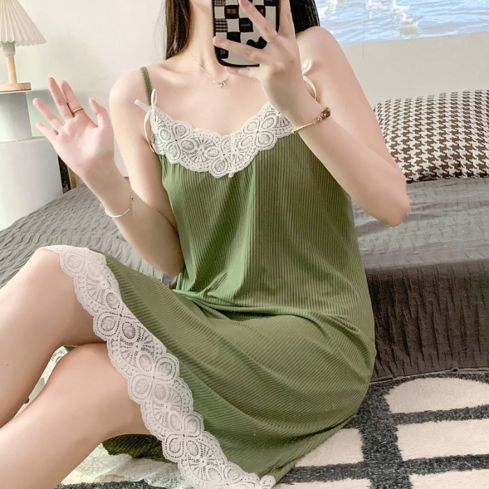 Comercio exterior al por mayor verano camisón chica leche hilo de seda tire marco fino pijamas estudiante encaje desgaste en el hogar