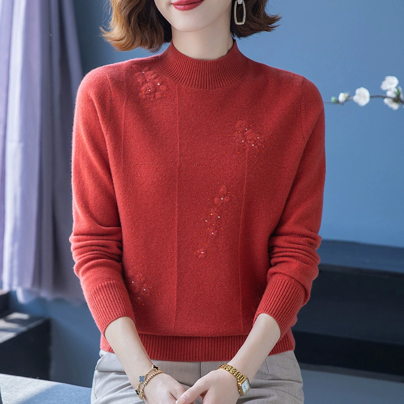 100 чистый шерстяной свитер женская половина водолазка зима новый среднего и пожилого возраста мать утолщенный свитер вышитые трикотажные нижняя рубашка