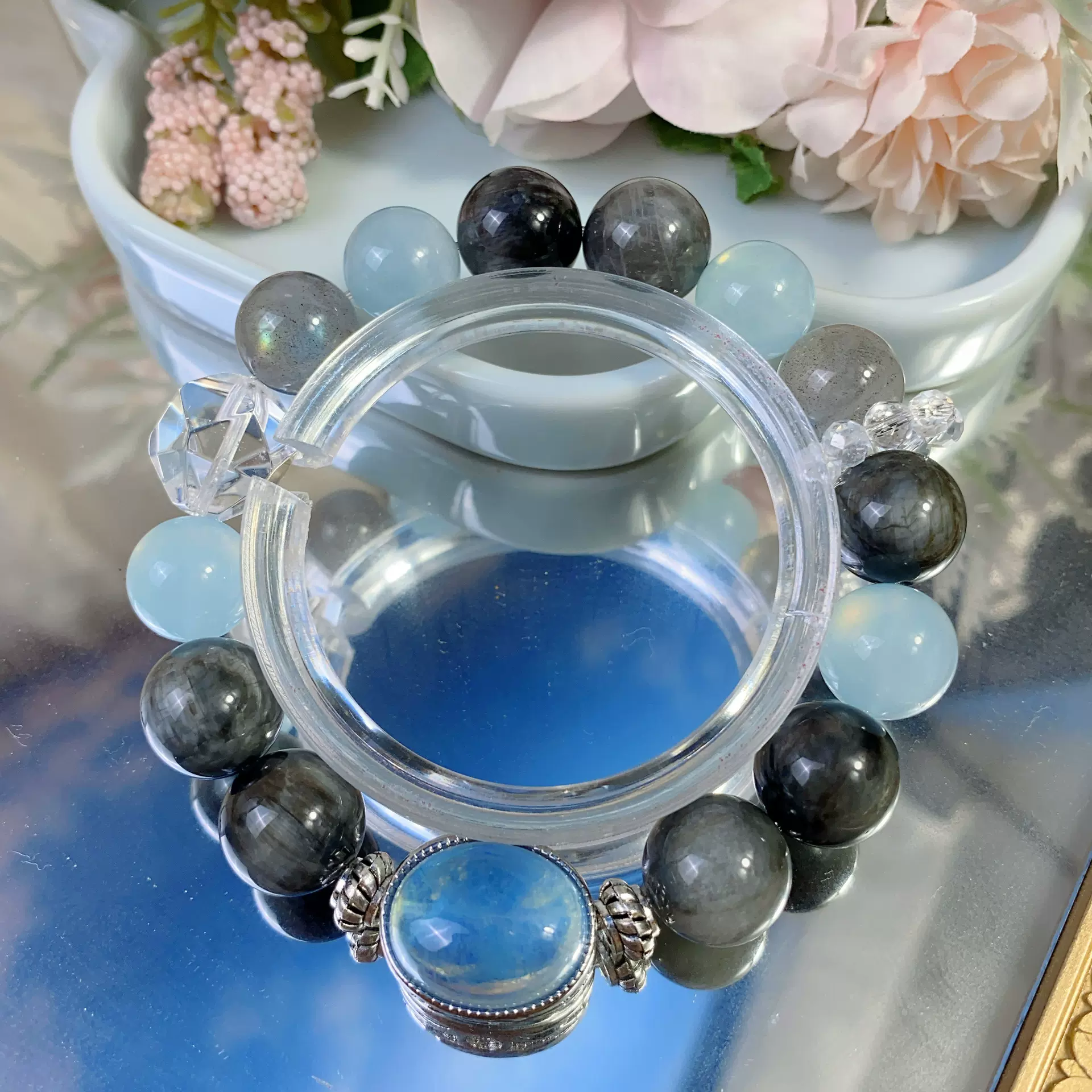 天然鹰眼石搭海蓝宝魔盒轻奢气质时尚简约百搭精美女士手串W6245