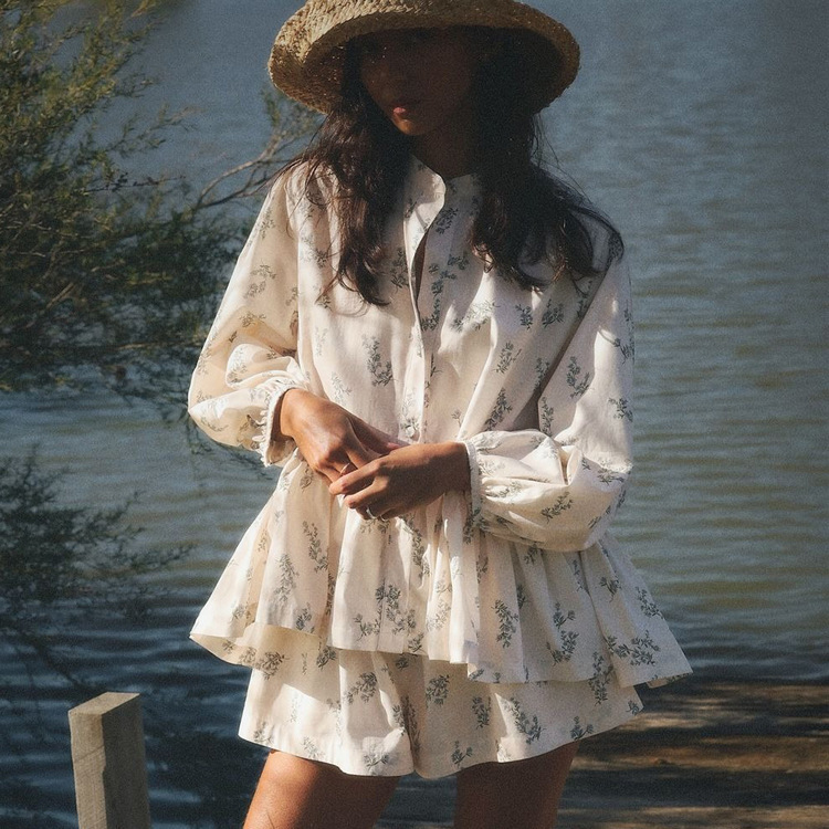 2026 New French-Style Tweed Dress Set with Puff Sleeves, High Collar, Ruffled Hem, and Printed Shorts Set