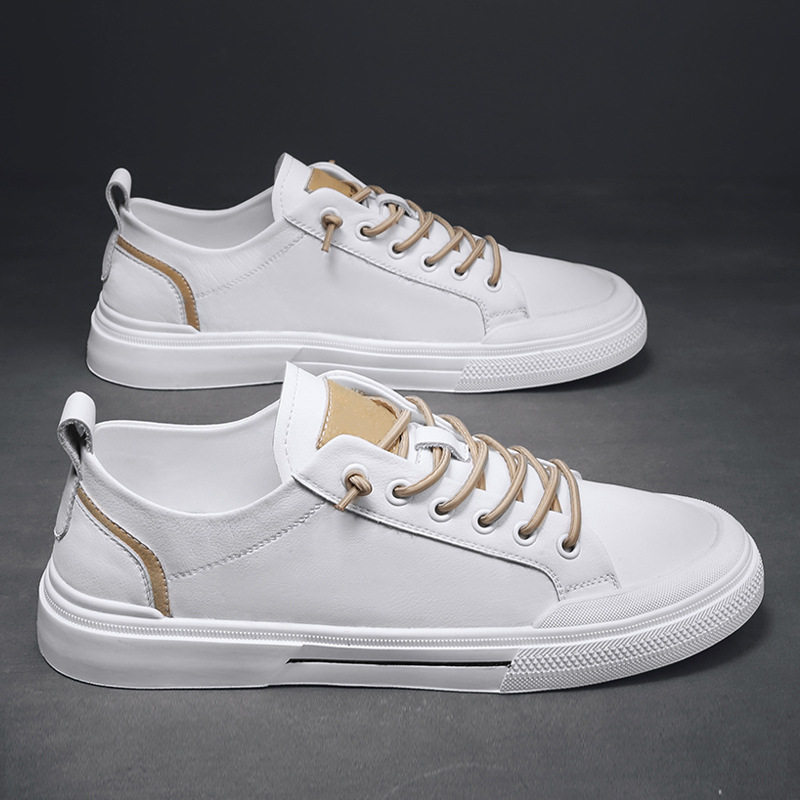 Giày sneaker nam da lì phối chỉ may, đế bằng thấp, phong cách thường ngày — 21506 màu đen, 5025 màu trắng, 5025 màu đen, Màu trắng 21506