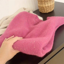 树莓色星空圆领毛衣女秋冬款软糯宽松设计感加厚内搭亮片针织上衣