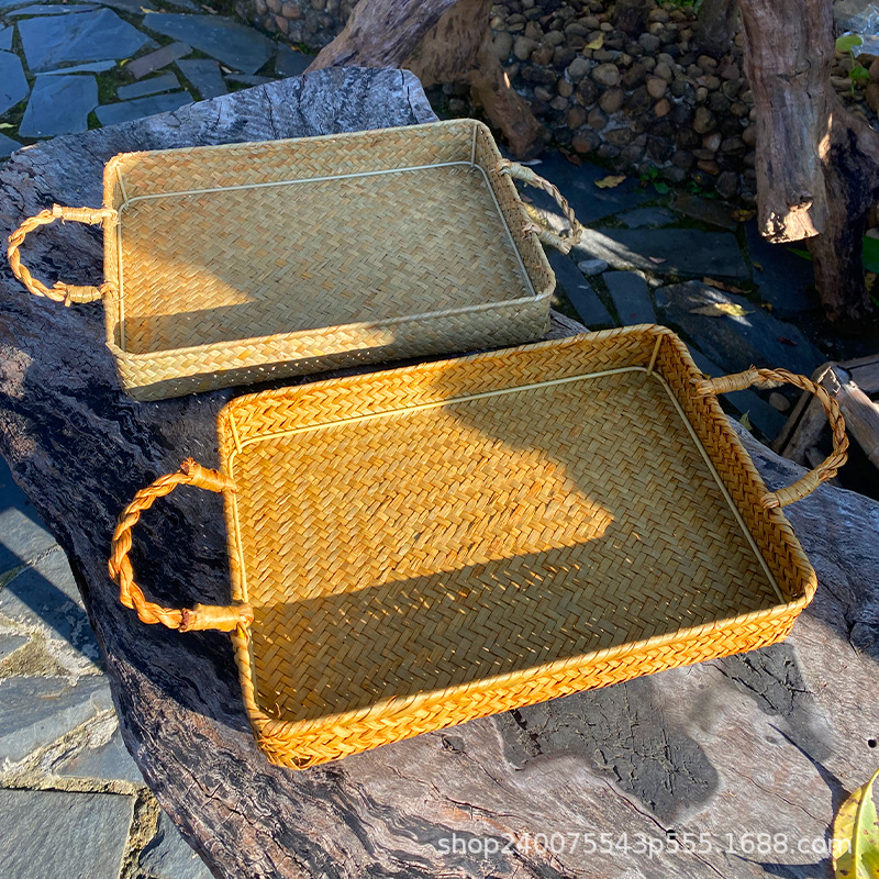 Grasas de mar tejidas a mano pan palo creativo rectangular no caña bambú tejido bandeja de almacenamiento de verduras y frutas horneado