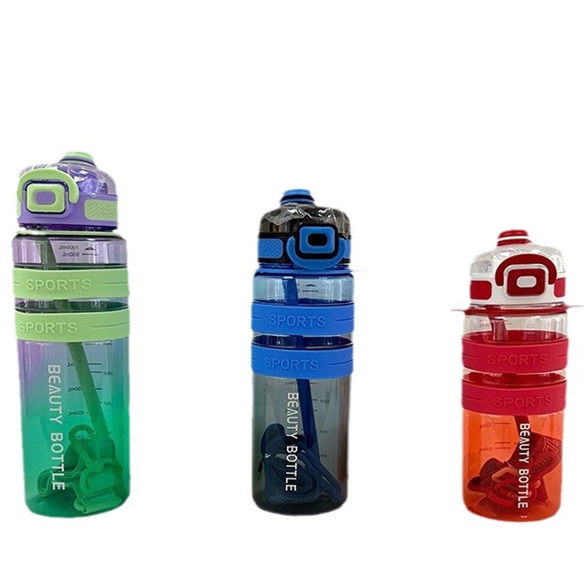 Nuevo estilo de deportes al aire libre fitness botella de agua doble colorido verano correa portátil taza de agua de plástico botella de lectura para estudiantes