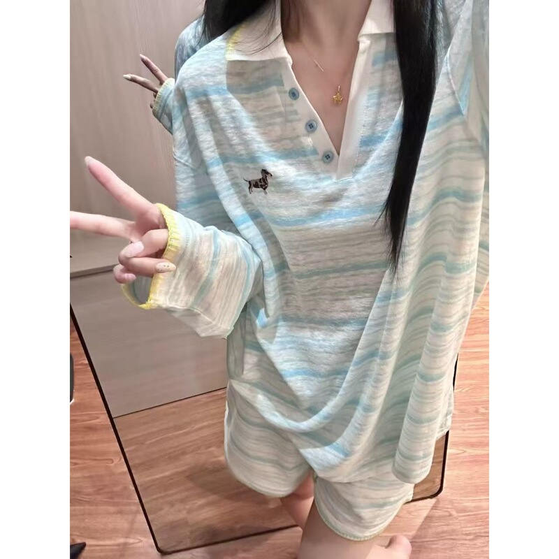 Designed with a Sense of Style, Long-Sleeved Pajamas with Puppy Print for Women, 2026 Summer Striped Shorts Loungewear Set Designed with a Sense of Style, Long-Sleeved Pajamas with Puppy Print for Women, 2026 Summer Striped Shorts Loungewear Set