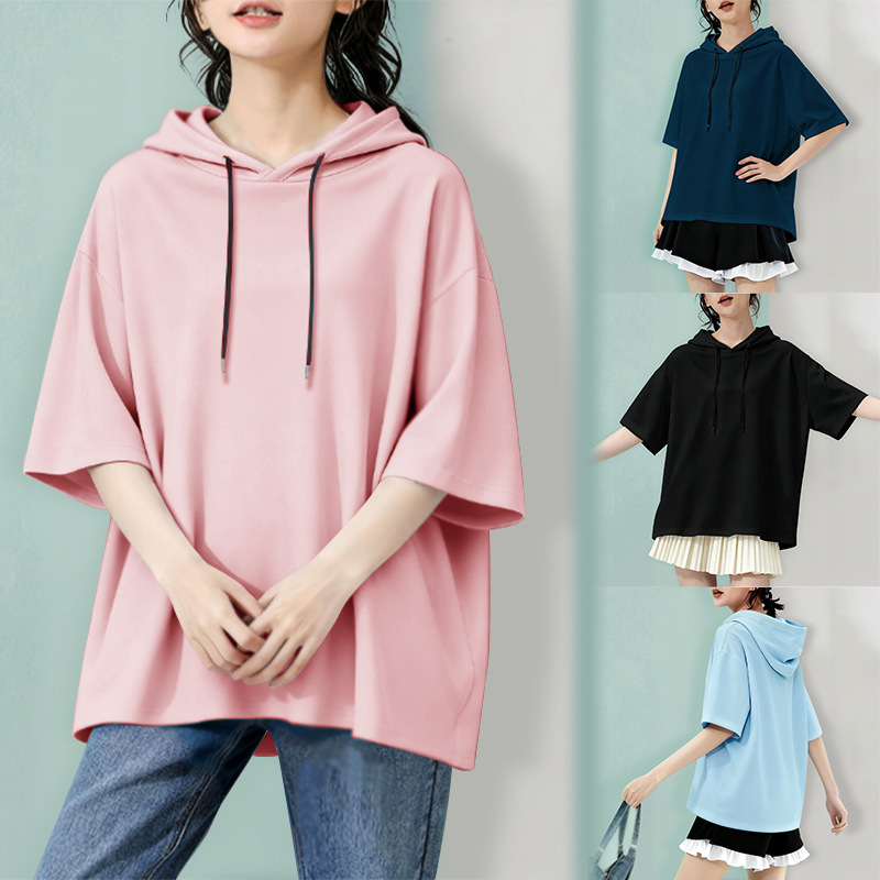 Loose Hooded Short-Sleeved Sweatshirt Summer Early Autumn Mid-Sleeve Three-Quarter Sweatshirt Women's Sports Hoodie Top Solid Color Trendy Wide