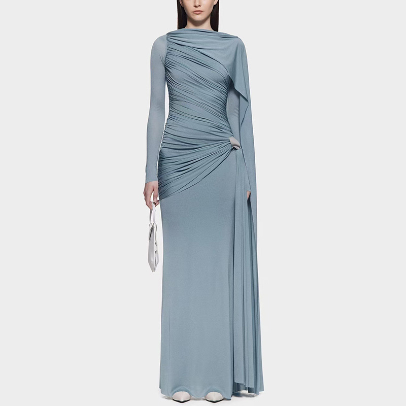 2026 Autumn New Pleated Ribbon Slim Fit Elegant Dress Early Autumn Graceful and Intellectual Solid Color Irregular Long Dress 2026 Autumn New Pleated Ribbon Slim Fit Elegant Dress Early Autumn Graceful and Intellectual Solid Color Irregular Long Dress