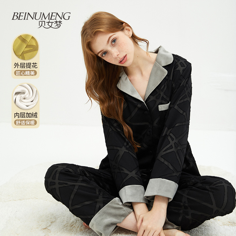 贝女梦冬季高级感西装领女士睡衣套装加绒加厚长袖可外穿家居服|ms