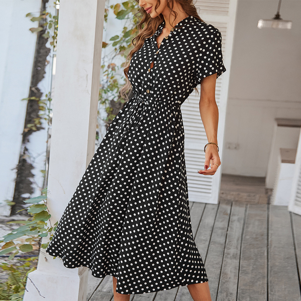 thumbnail image 1 of Vestido de lunares de estación europea desarrollado y diseñado independientemente 2022 Nuevo producto de verano Sen Falda de vuelo grande con cuello de camisa versátil para mujer, 1 of 4
