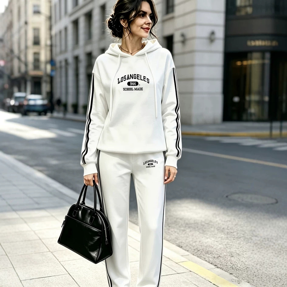 Women's New Casual Retro-style Print Hooded Sweatshirt And Casual Trousers Two-piece Set_ecoleips.com